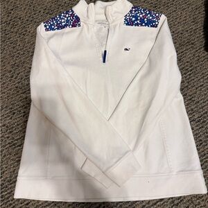 Vineyard Vines White Quarter Zip with Floral Shoulder Detail